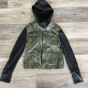 Free People Distressed Olive Green and Black Women's Hooded Cargo Jacket XS